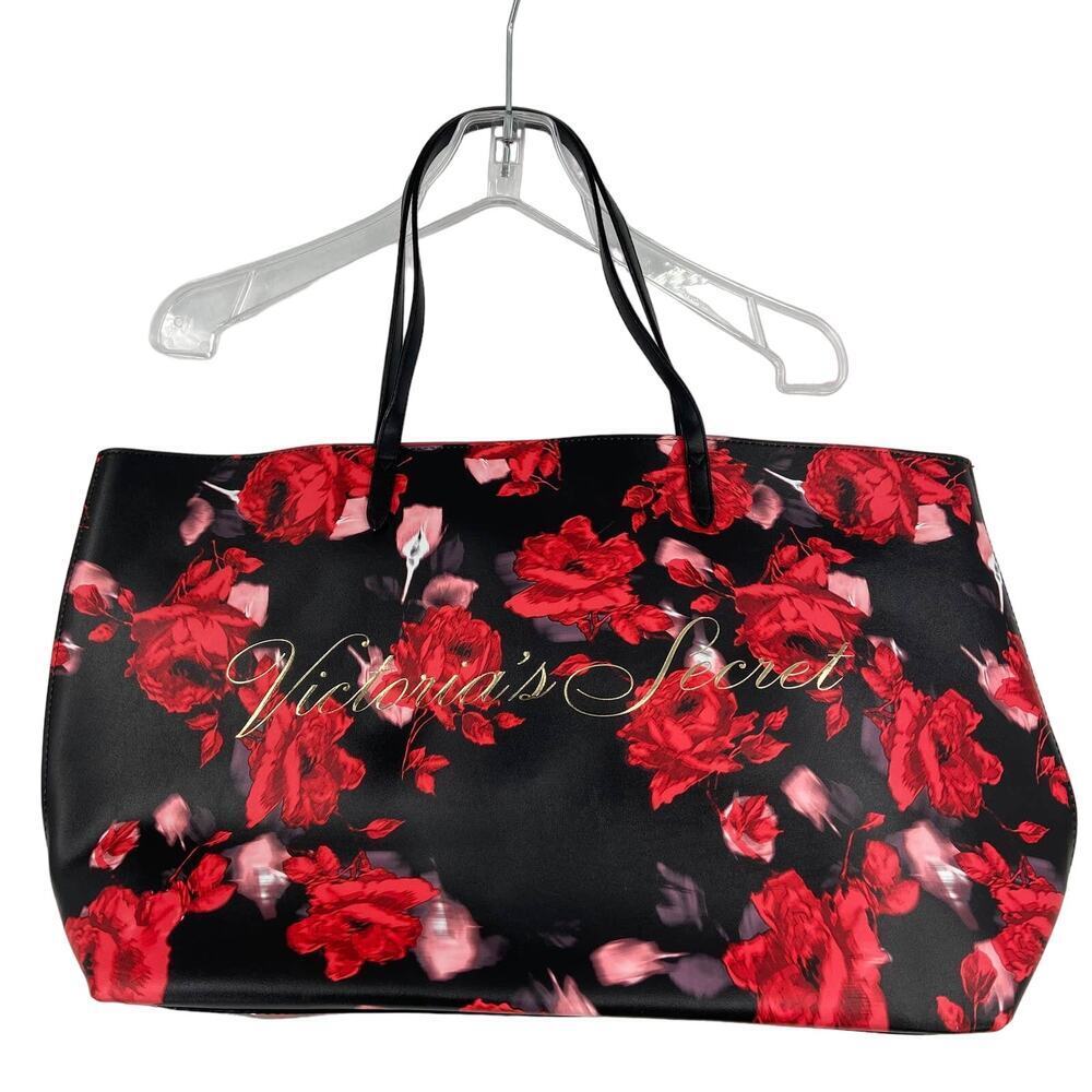 Victoria's Secret Tote Black Red Rose Floral Double Handle Limited Edition Large